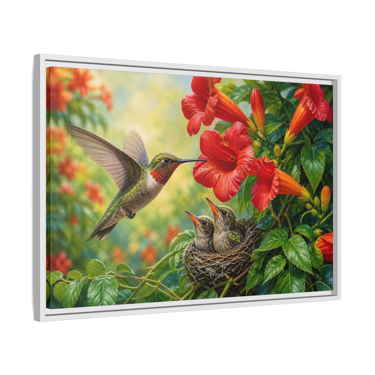 Side Mockup 10. Nature Hummingbirds Hummingbird Flowers shown as stretched canvas wall art