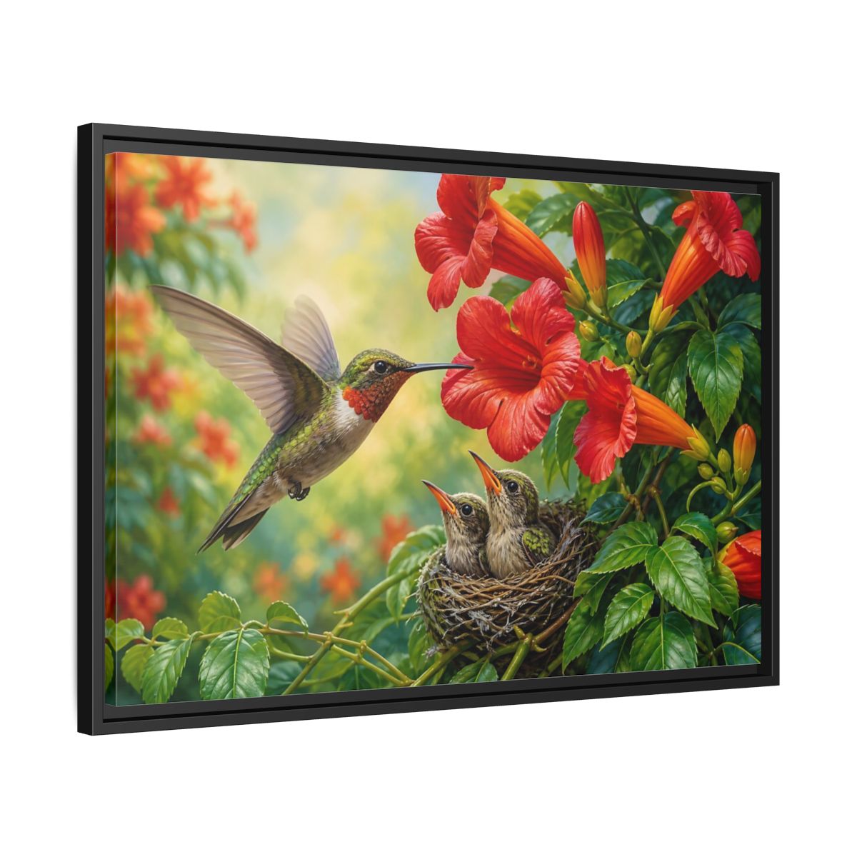 Side Mockup 14. Nature Hummingbirds Hummingbird Flowers shown as stretched canvas wall art