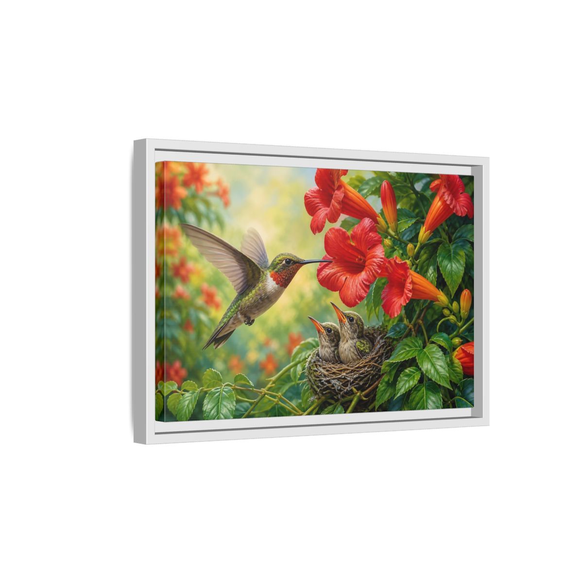 Side Mockup 4. Nature Hummingbirds Hummingbird Flowers shown as stretched canvas wall art