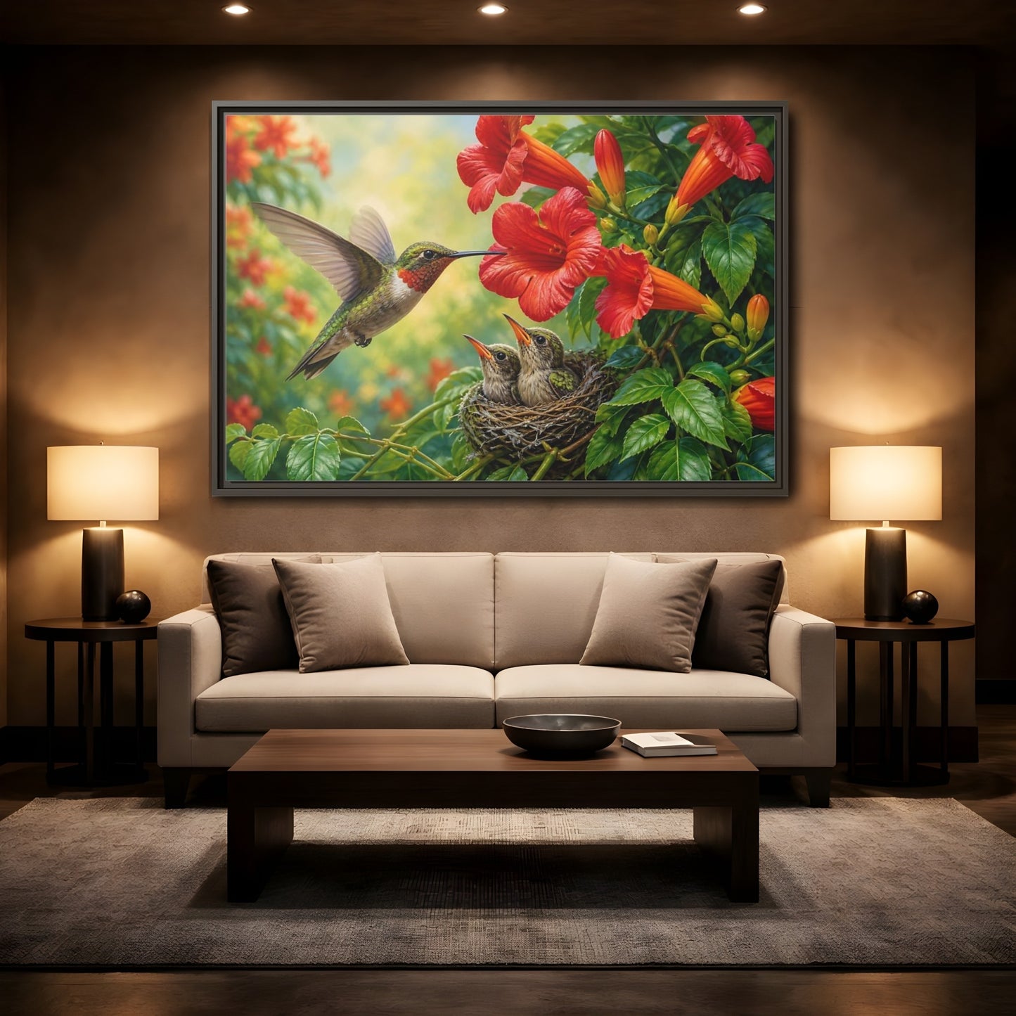 Mockup 2. Nature Hummingbirds Hummingbird Flowers shown as stretched canvas wall art