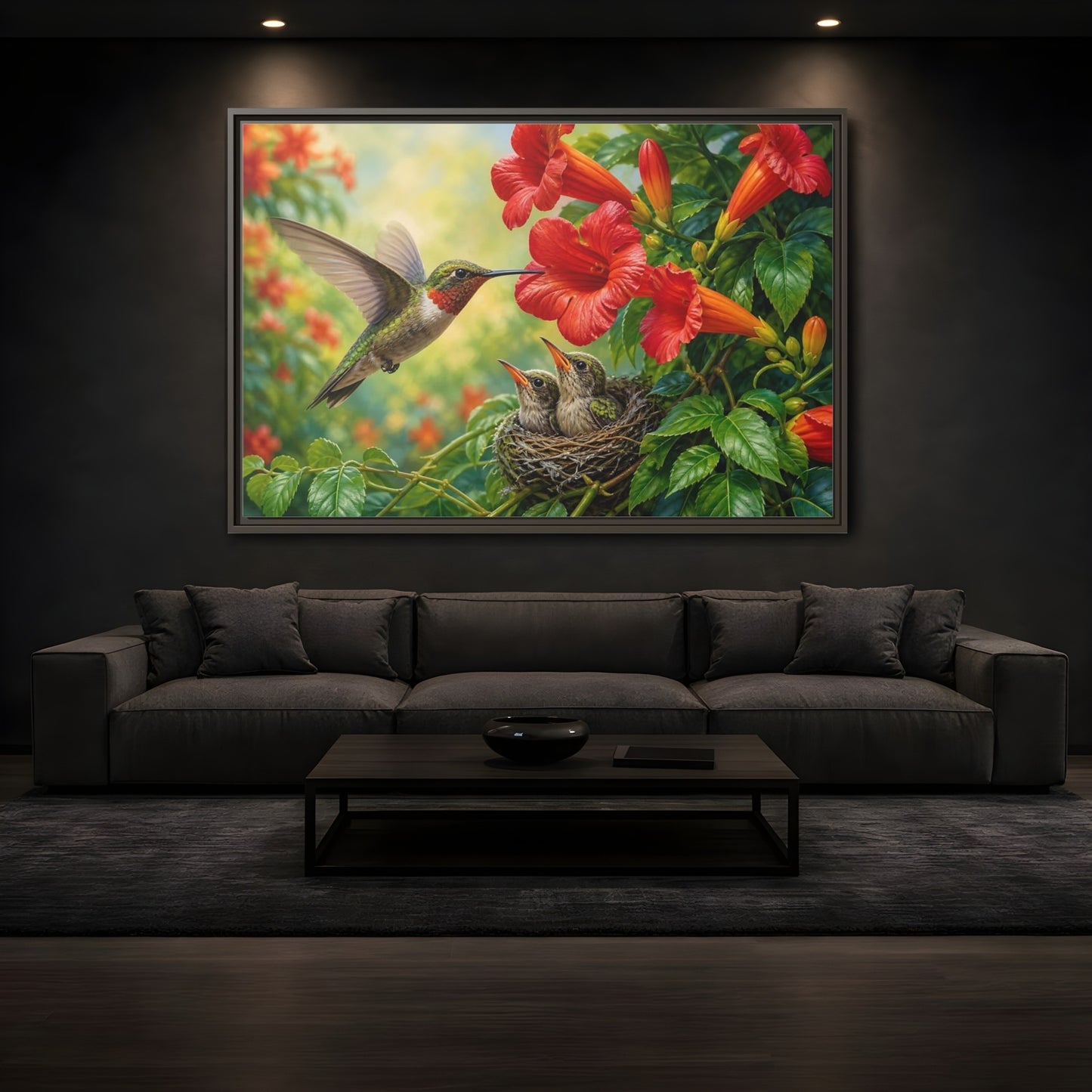 Mockup 3. Nature Hummingbirds Hummingbird Flowers shown as stretched canvas wall art