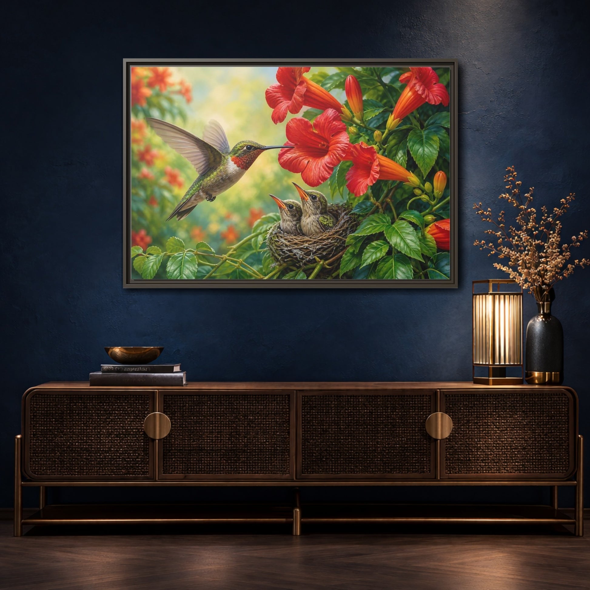 Mockup 4. Nature Hummingbirds Hummingbird Flowers shown as stretched canvas wall art