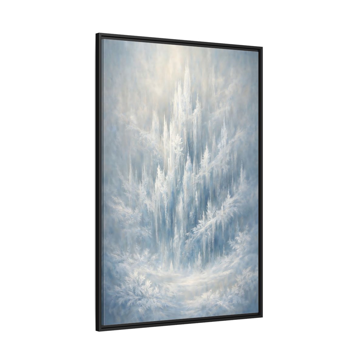 Main Mockup. Nature Ice Castle Blue And White shown as stretched canvas wall art