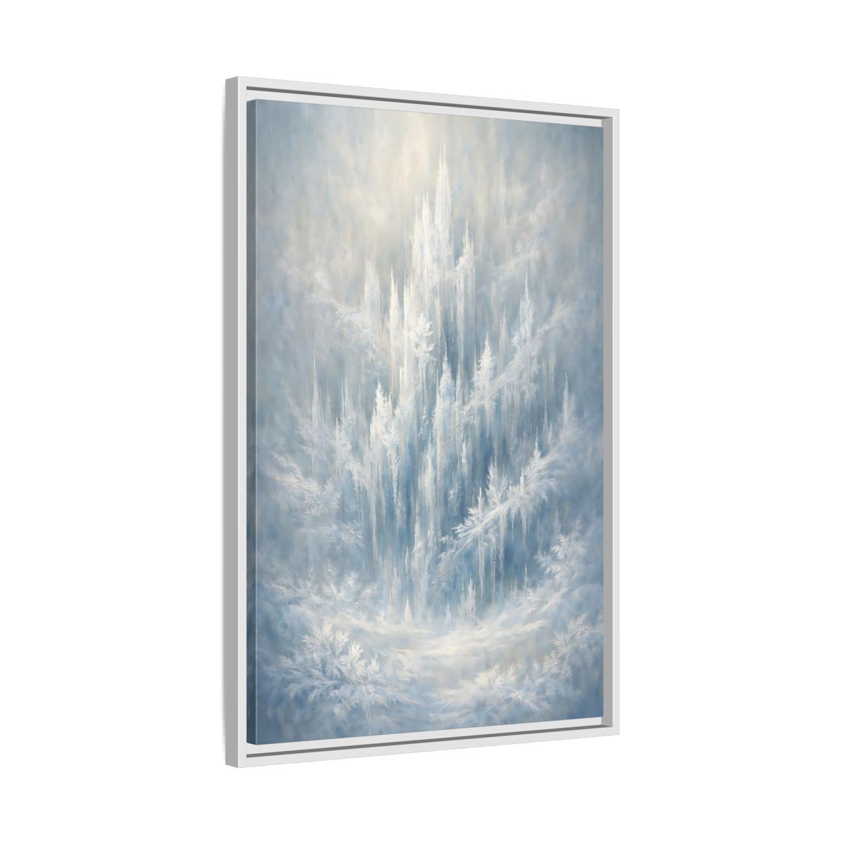 Side Mockup 11. Nature Ice Castle Blue And White shown as stretched canvas wall art