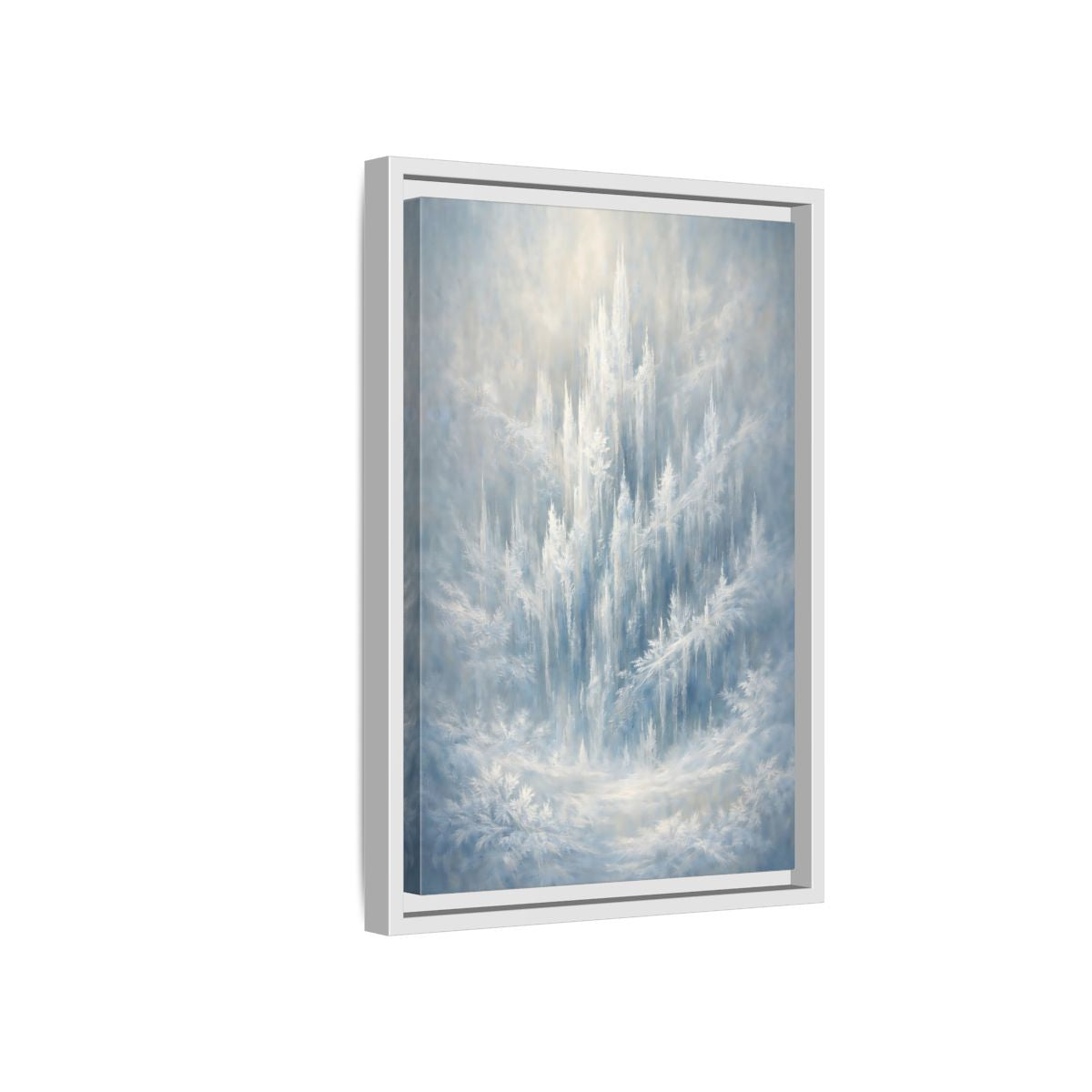 Side Mockup 4. Nature Ice Castle Blue And White shown as stretched canvas wall art
