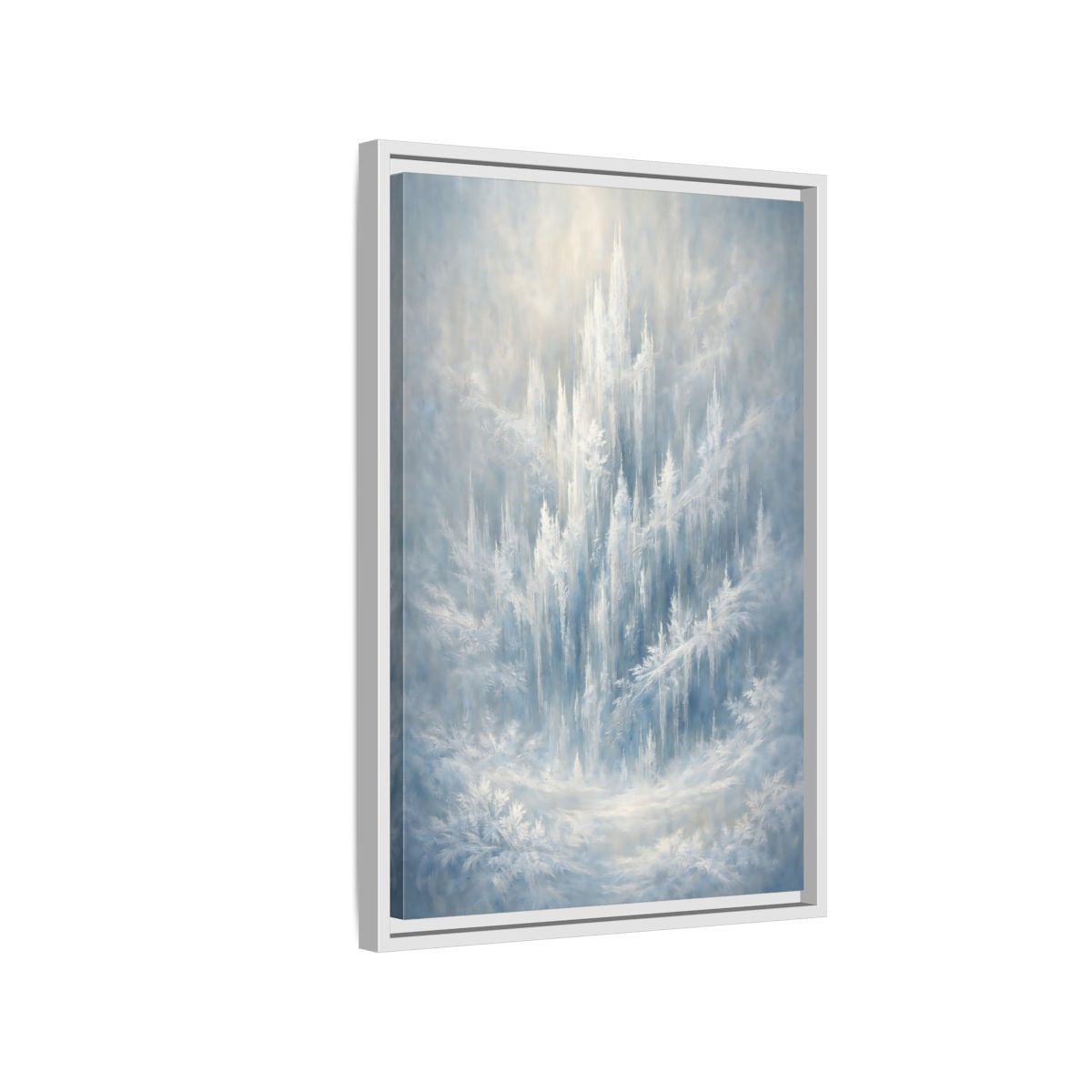 Side Mockup 1. Nature Ice Castle Blue And White shown as stretched canvas wall art