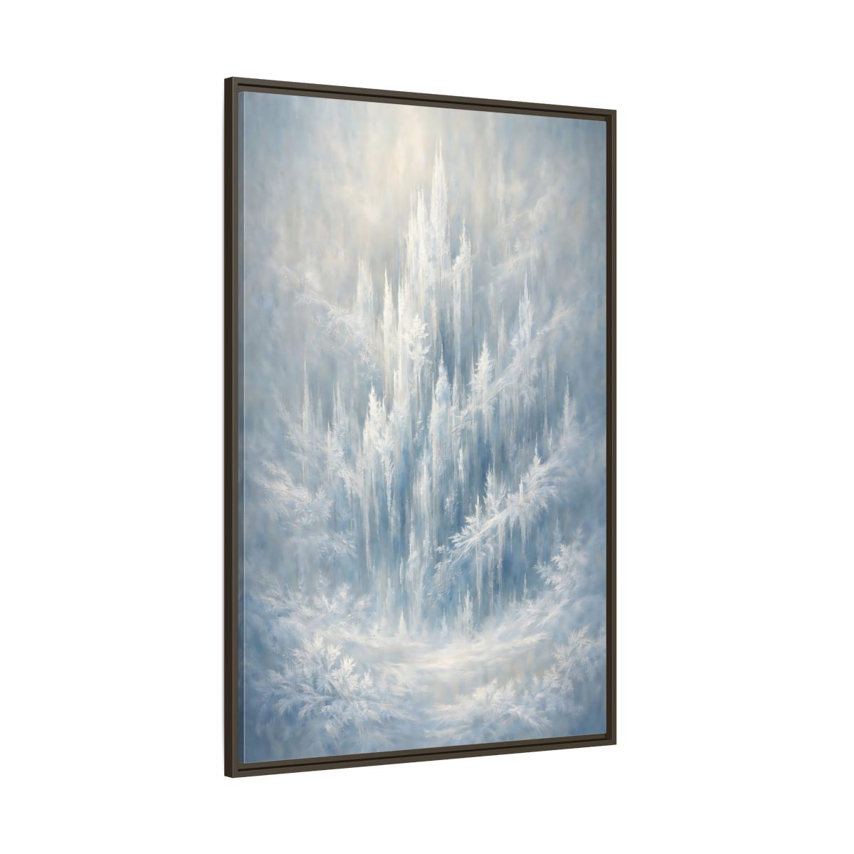Side Mockup 8. Nature Ice Castle Blue And White shown as stretched canvas wall art