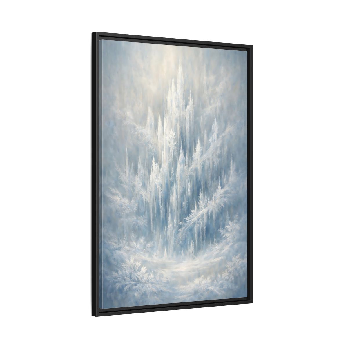 Side Mockup 13. Nature Ice Castle Blue And White shown as stretched canvas wall art