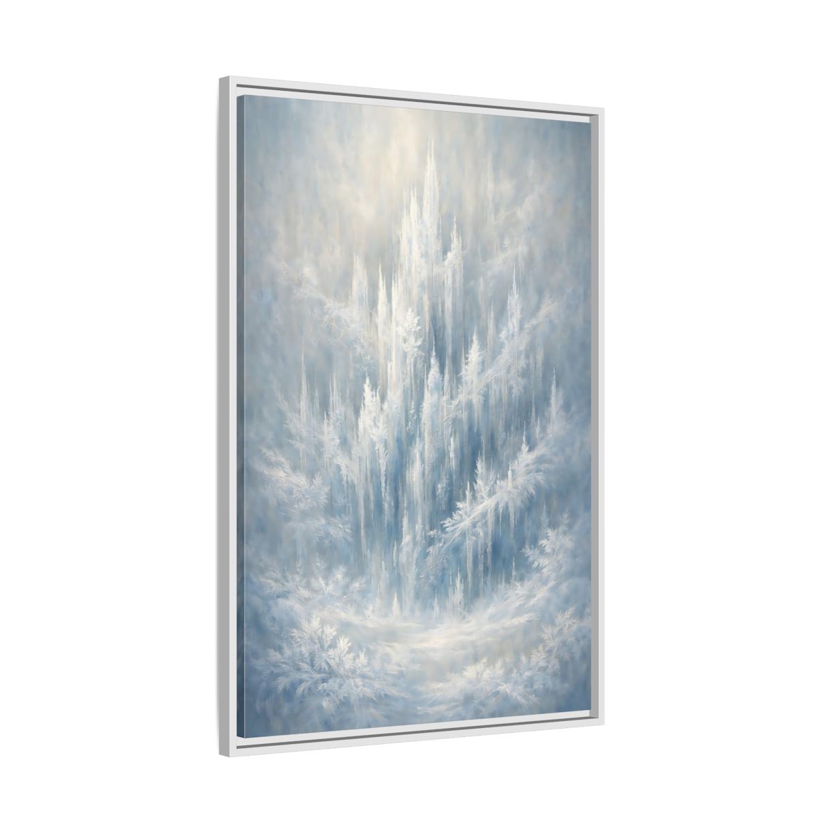 Side Mockup 9. Nature Ice Castle Blue And White shown as stretched canvas wall art