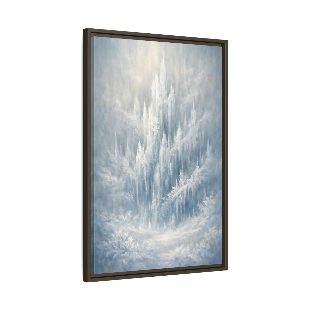 Side Mockup 12. Nature Ice Castle Blue And White shown as stretched canvas wall art