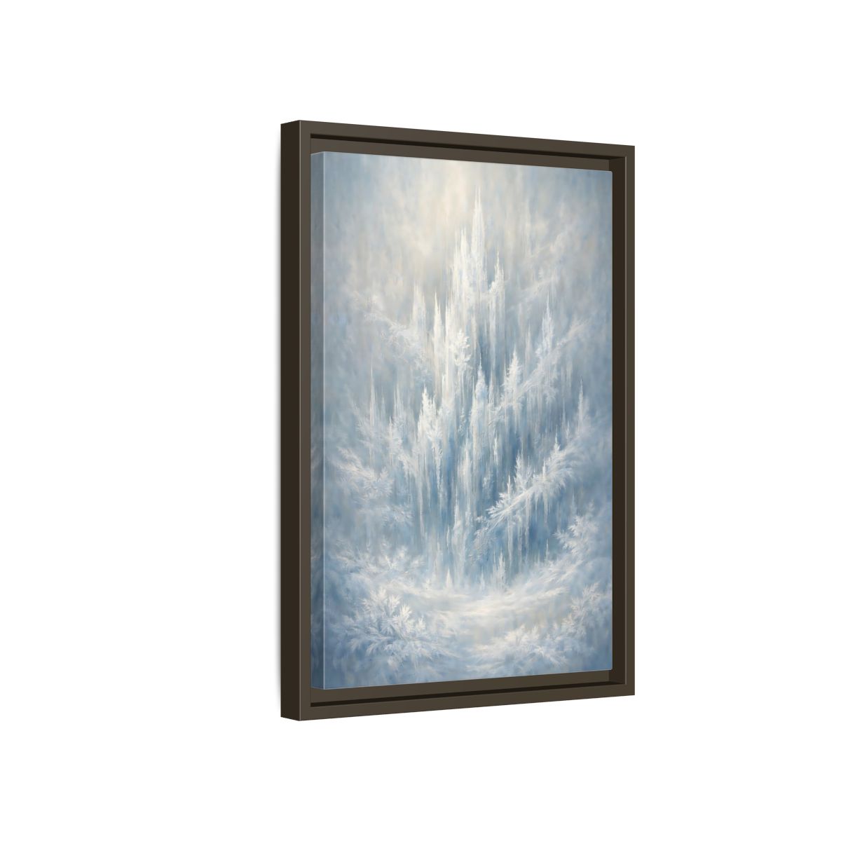 Side Mockup 5. Nature Ice Castle Blue And White shown as stretched canvas wall art