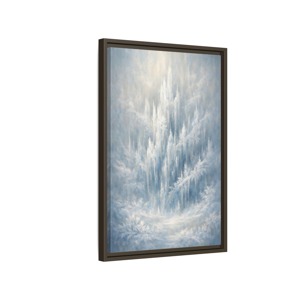 Side Mockup 2. Nature Ice Castle Blue And White shown as stretched canvas wall art