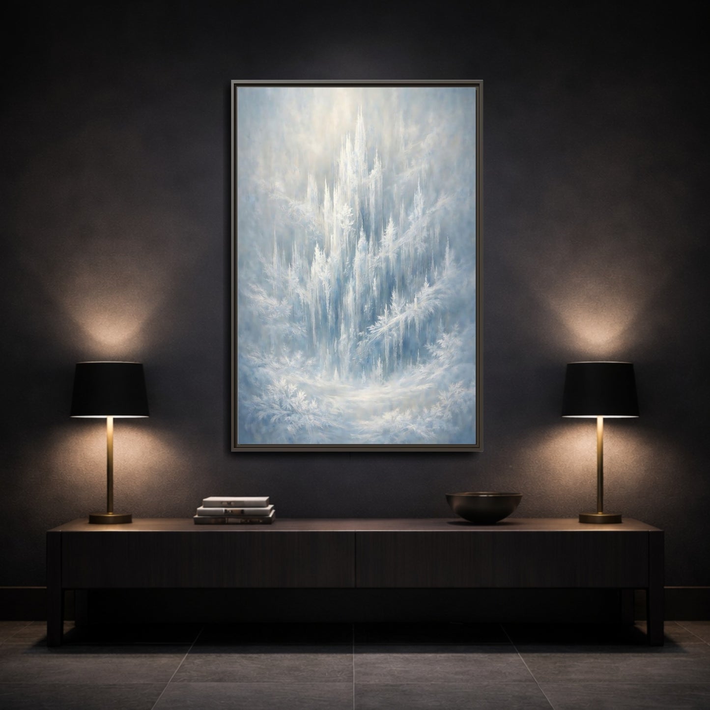 Mockup 2. Nature Ice Castle Blue And White shown as stretched canvas wall art