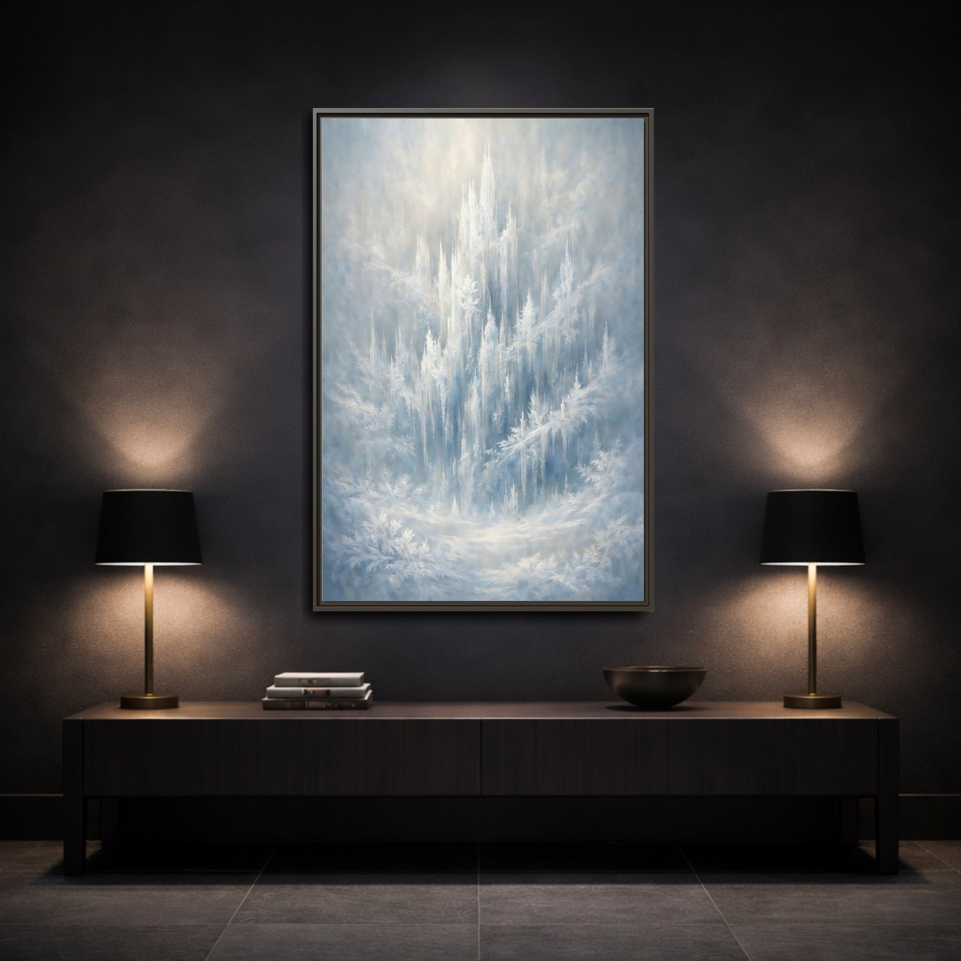 Mockup 2. Nature Ice Castle Blue And White shown as stretched canvas wall art
