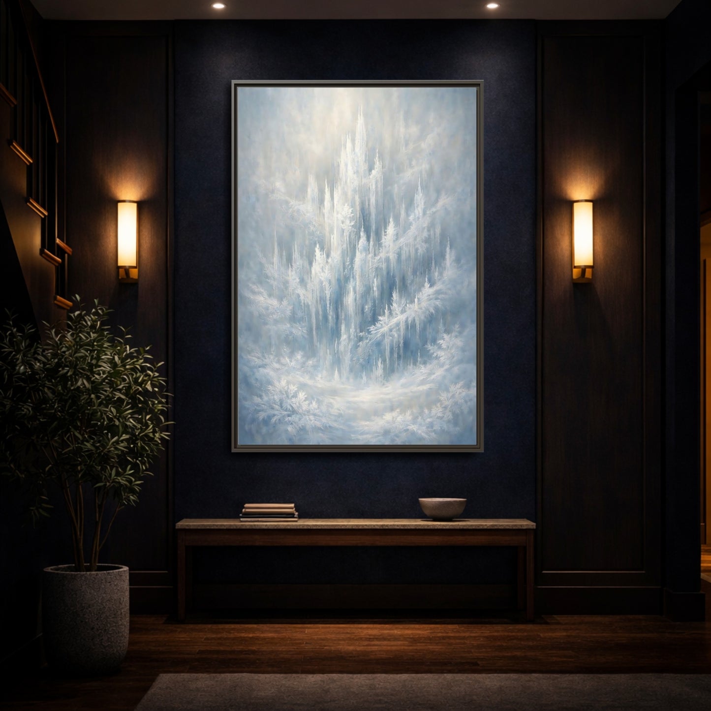 Mockup 3. Nature Ice Castle Blue And White shown as stretched canvas wall art