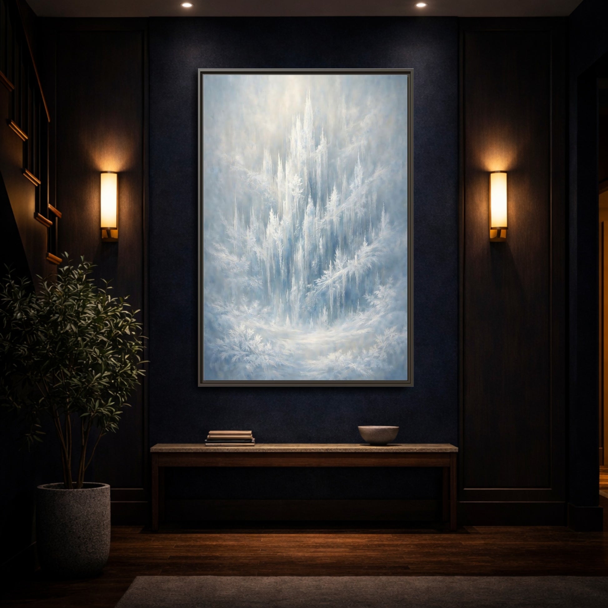 Mockup 3. Nature Ice Castle Blue And White shown as stretched canvas wall art