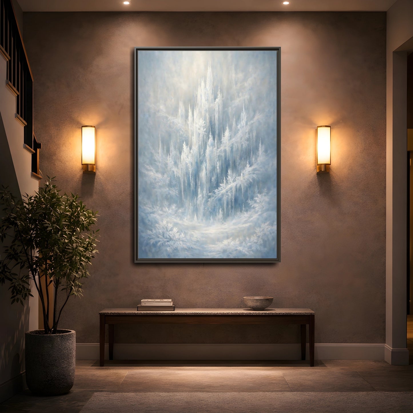 Mockup 4. Nature Ice Castle Blue And White shown as stretched canvas wall art