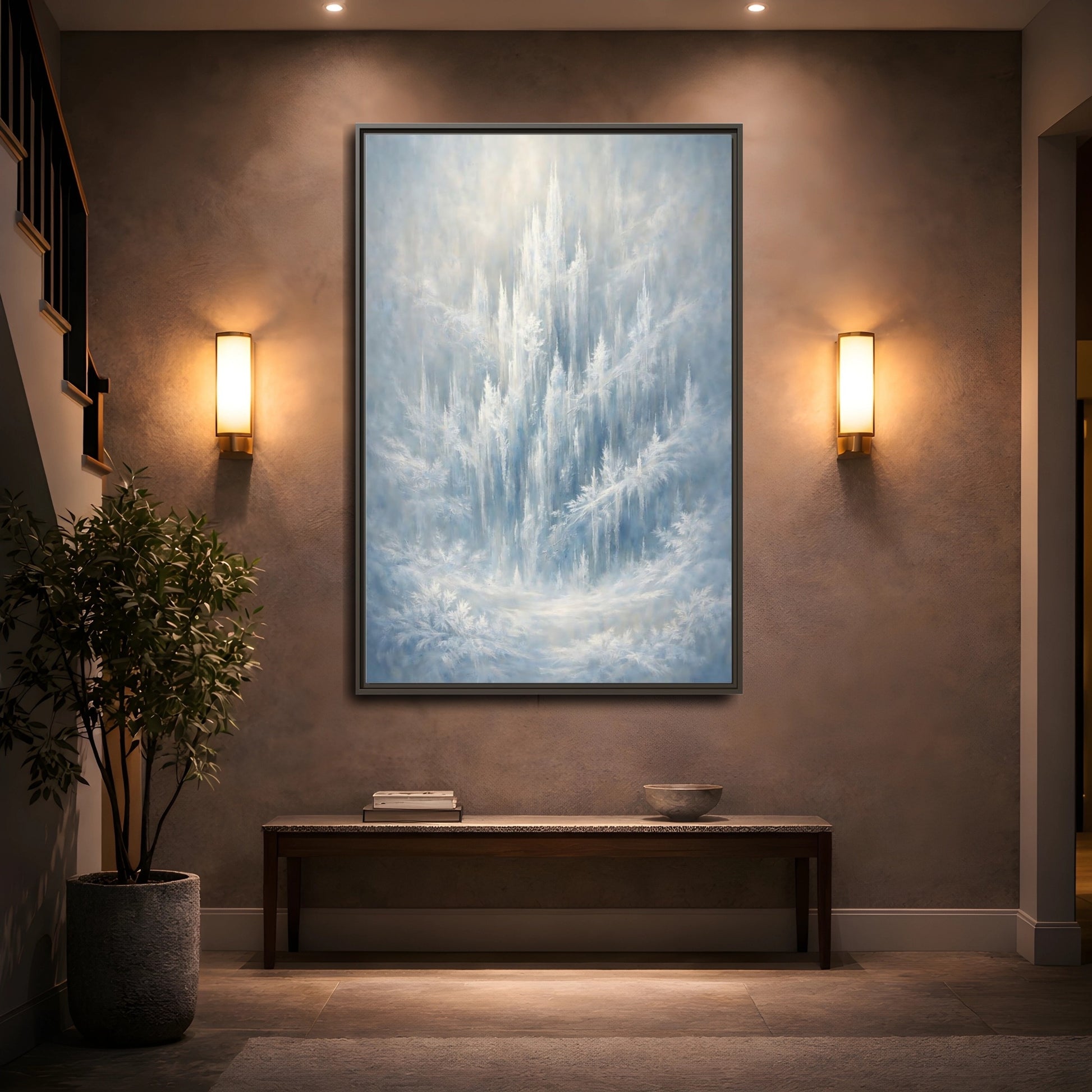 Mockup 4. Nature Ice Castle Blue And White shown as stretched canvas wall art