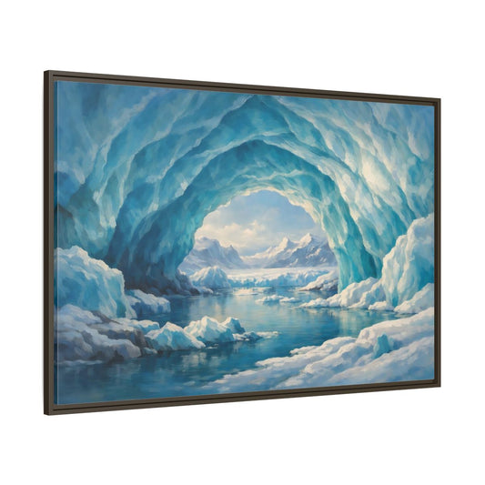 Main Mockup. Nature Ice Cave Blue And White shown as stretched canvas wall art