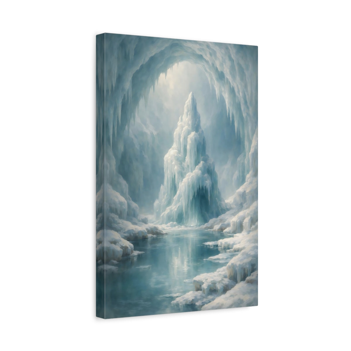 Side Mockup 4. Nature Ice Cave Blue And White shown as stretched canvas wall art