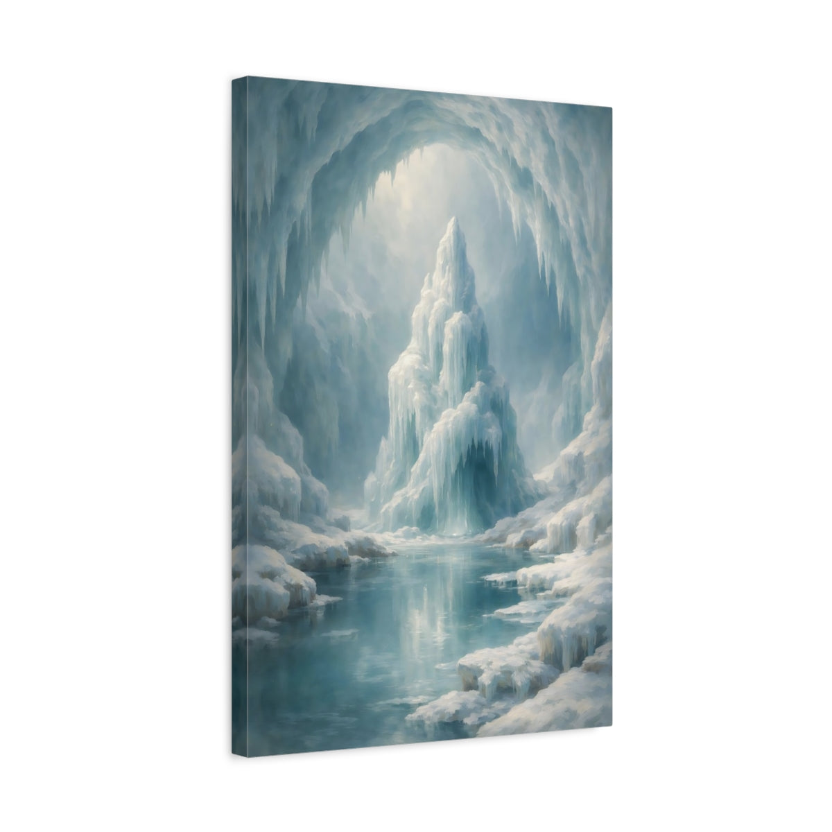 Side Mockup 3. Nature Ice Cave Blue And White shown as stretched canvas wall art