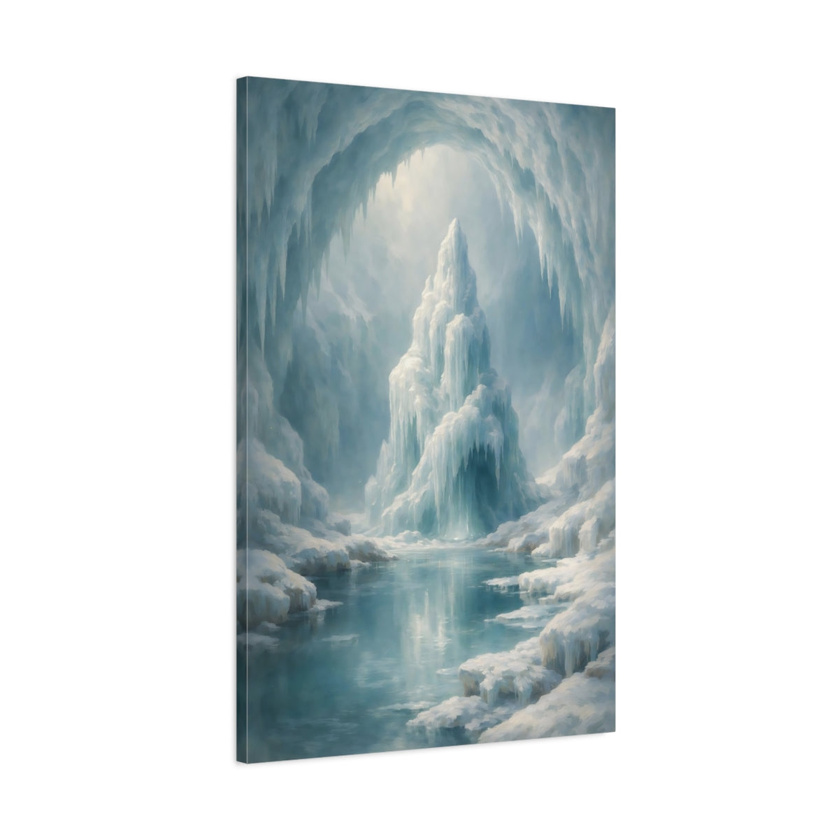 Side Mockup 1. Nature Ice Cave Blue And White shown as stretched canvas wall art
