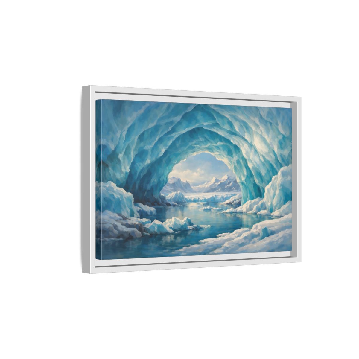 Side Mockup 4. Nature Ice Cave Blue And White shown as stretched canvas wall art