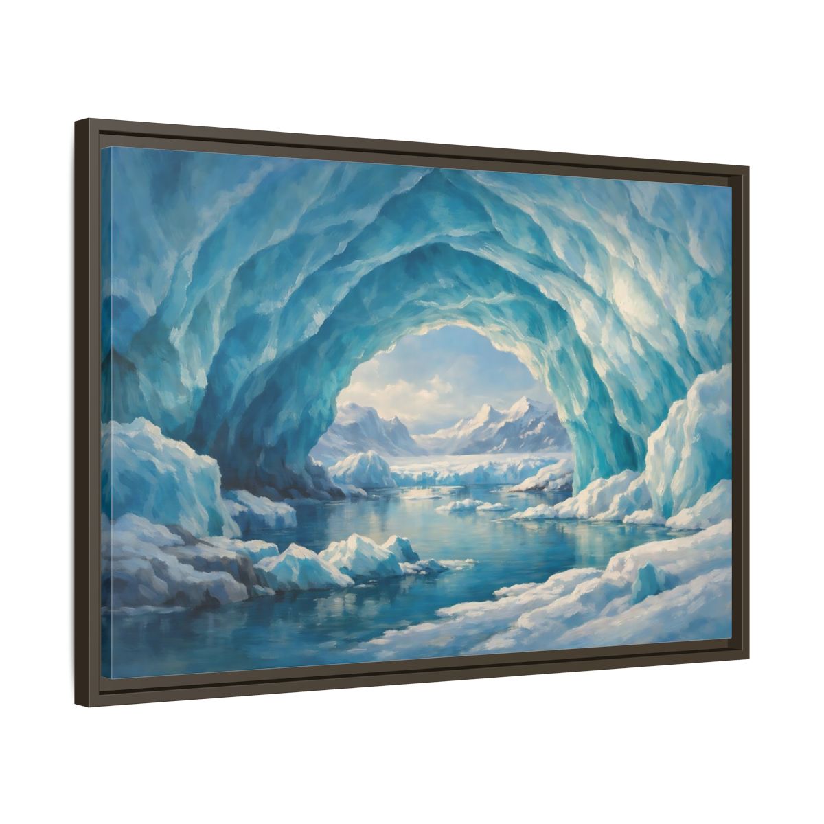 Side Mockup 11. Nature Ice Cave Blue And White shown as stretched canvas wall art