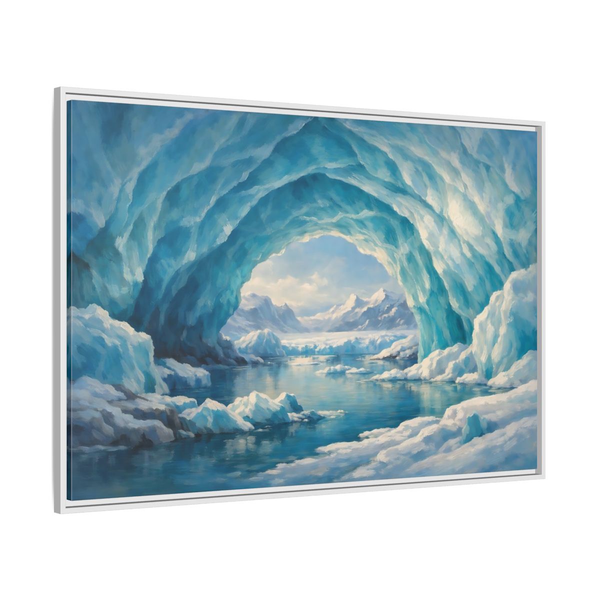 Side Mockup 7. Nature Ice Cave Blue And White shown as stretched canvas wall art