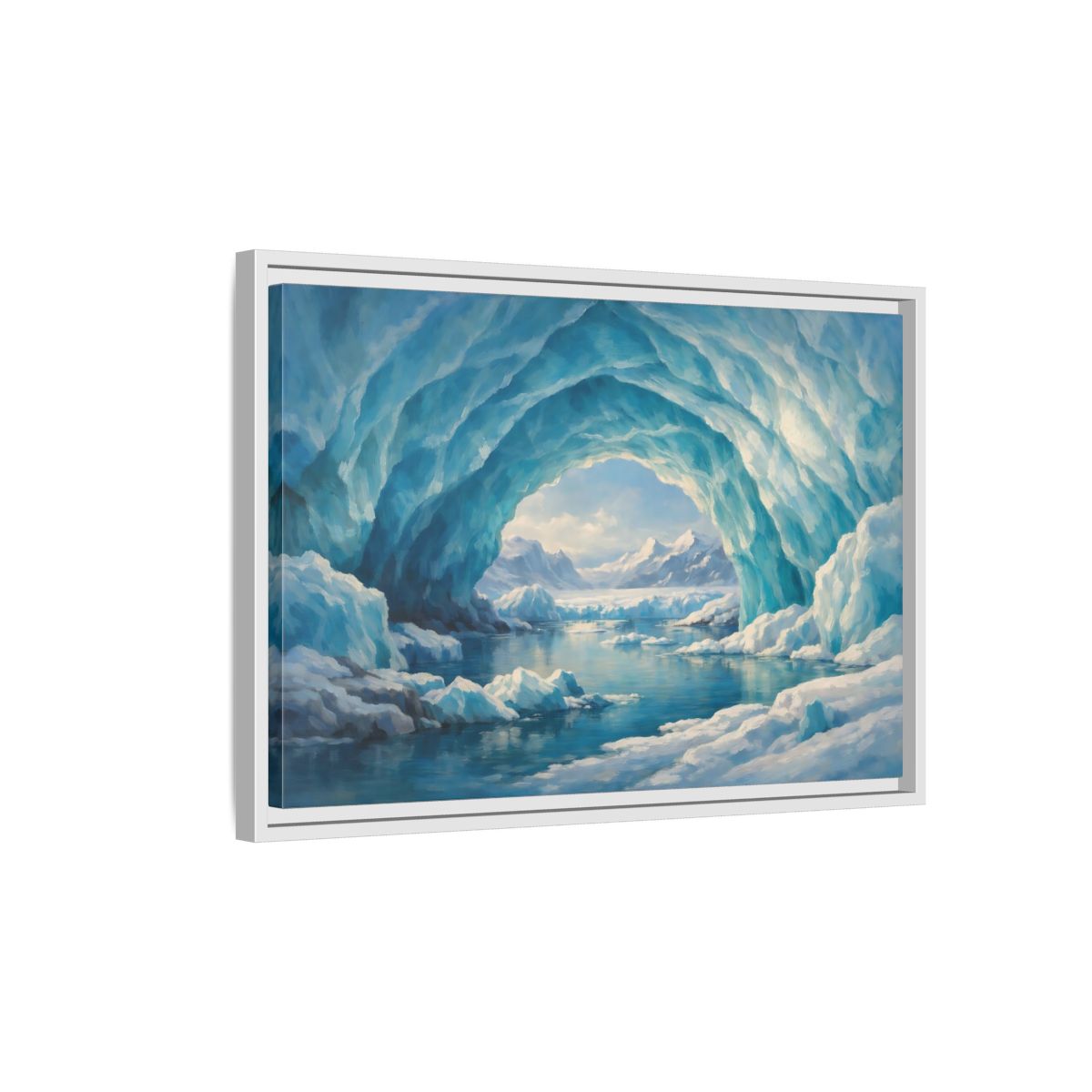 Side Mockup 1. Nature Ice Cave Blue And White shown as stretched canvas wall art