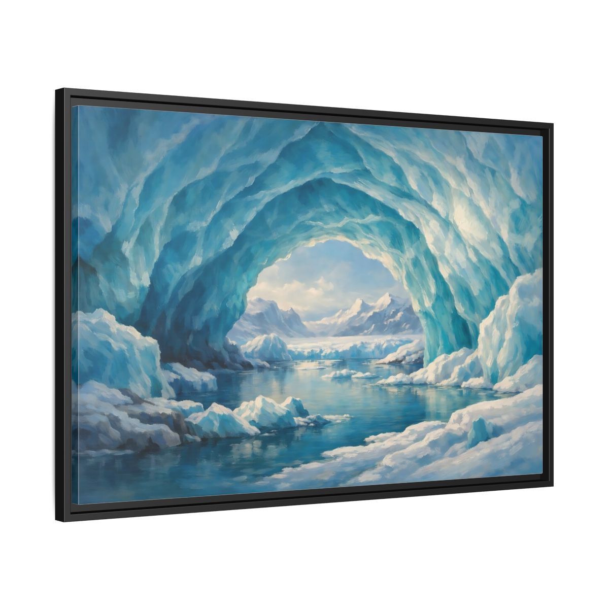Side Mockup 13. Nature Ice Cave Blue And White shown as stretched canvas wall art