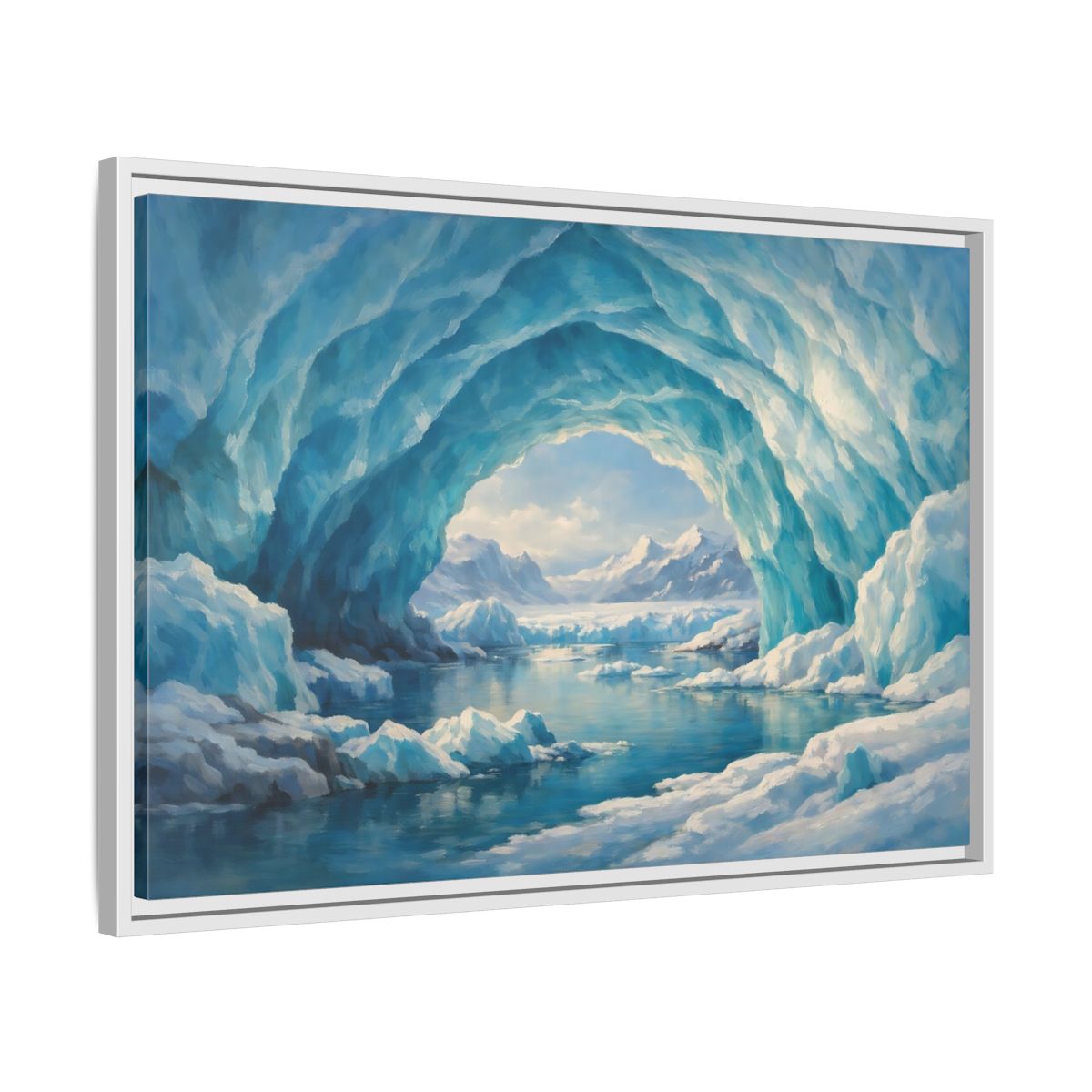Side Mockup 10. Nature Ice Cave Blue And White shown as stretched canvas wall art