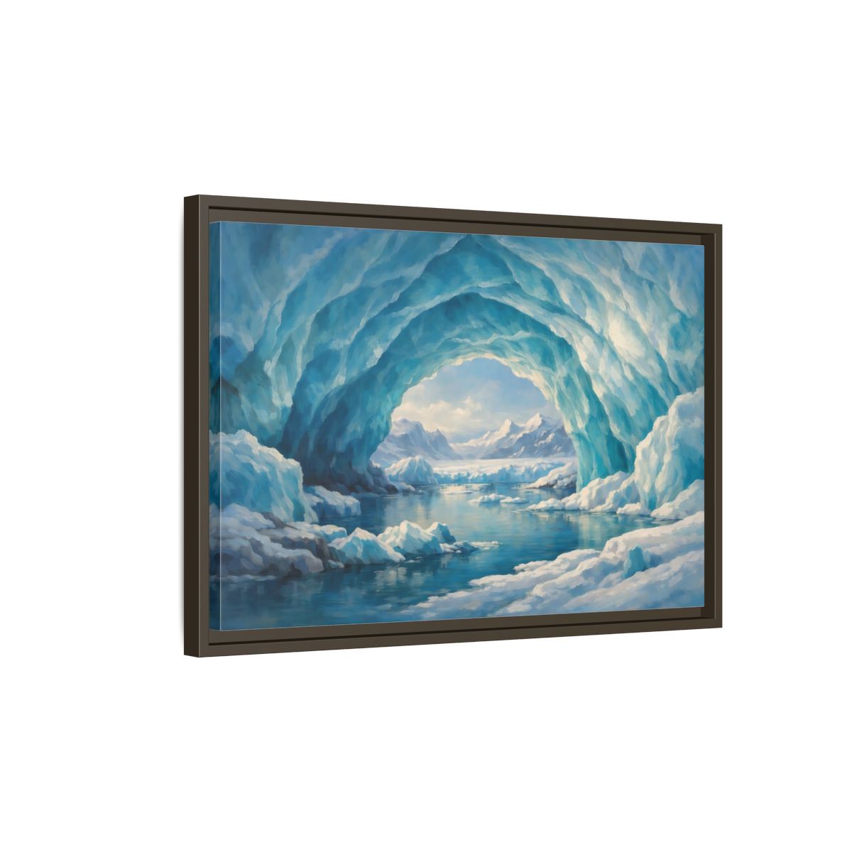 Side Mockup 2. Nature Ice Cave Blue And White shown as stretched canvas wall art