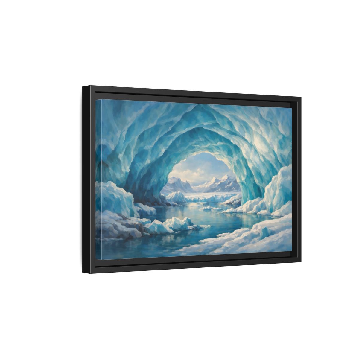 Side Mockup 6. Nature Ice Cave Blue And White shown as stretched canvas wall art