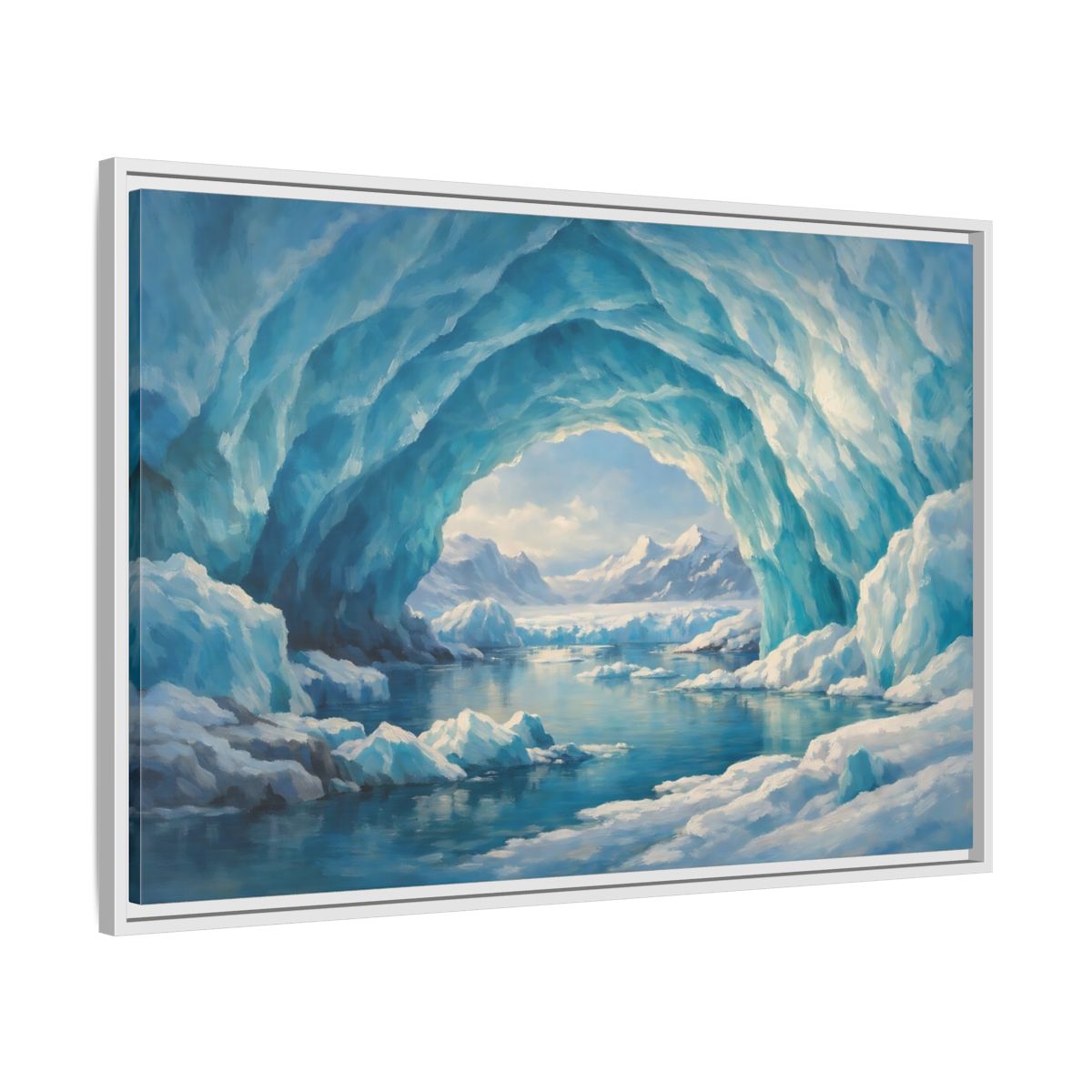 Side Mockup 8. Nature Ice Cave Blue And White shown as stretched canvas wall art