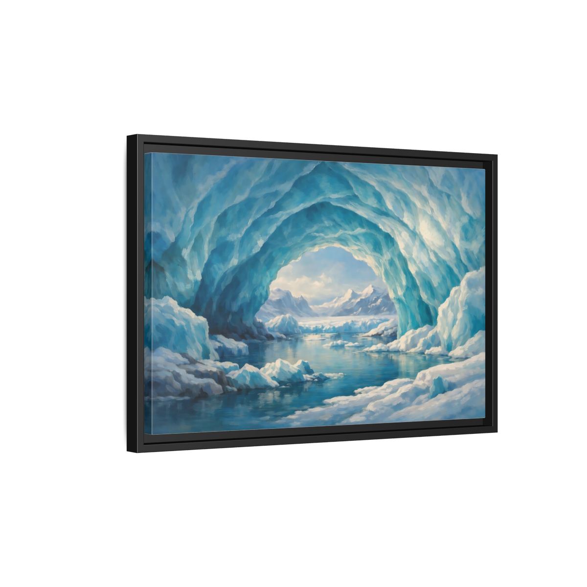 Side Mockup 3. Nature Ice Cave Blue And White shown as stretched canvas wall art