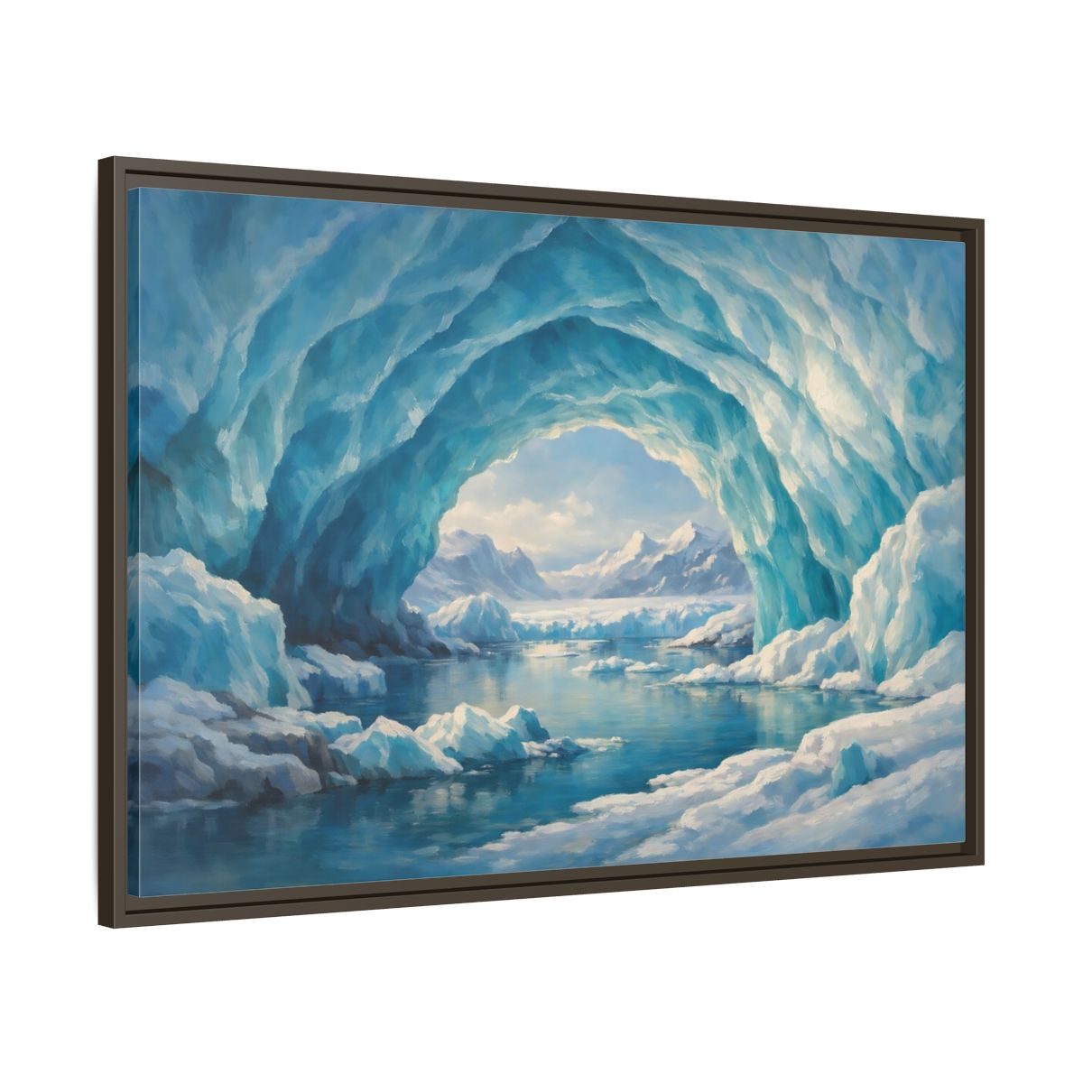 Side Mockup 9. Nature Ice Cave Blue And White shown as stretched canvas wall art