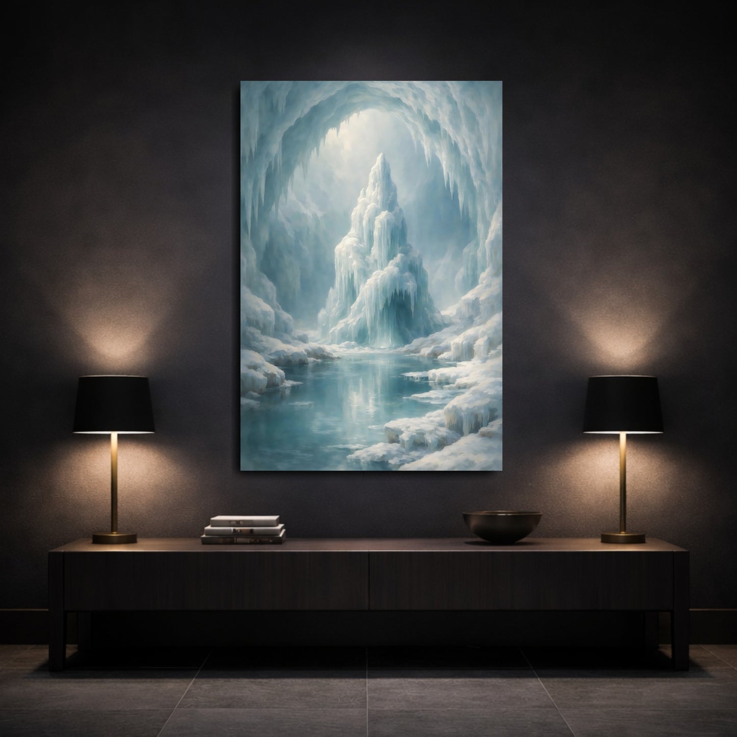 Mockup 2. Nature Ice Cave Blue And White shown as stretched canvas wall art