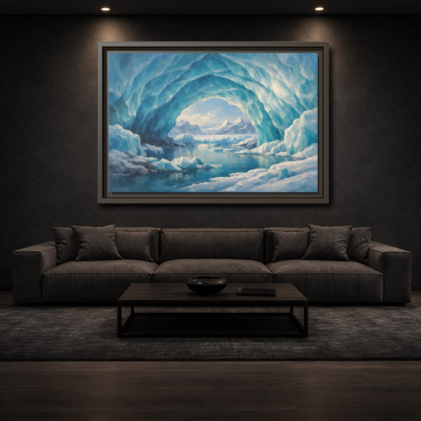 Mockup 2. Nature Ice Cave Blue And White shown as stretched canvas wall art