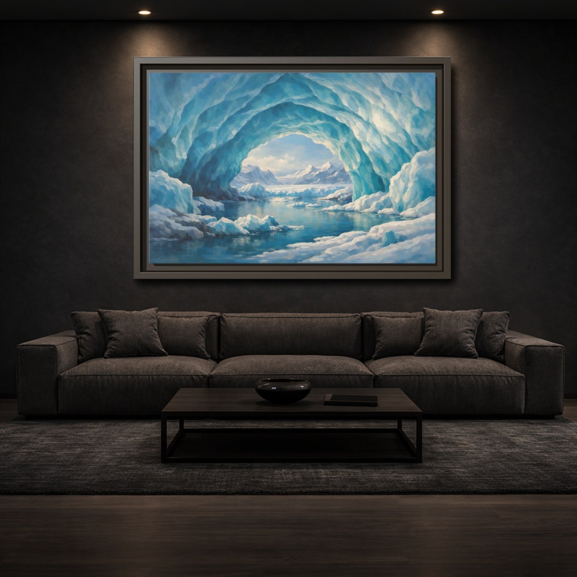 Mockup 2. Nature Ice Cave Blue And White shown as stretched canvas wall art