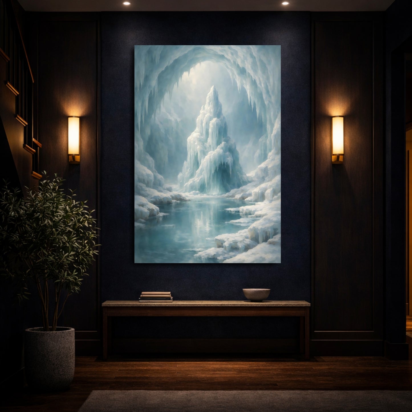 Mockup 3. Nature Ice Cave Blue And White shown as stretched canvas wall art