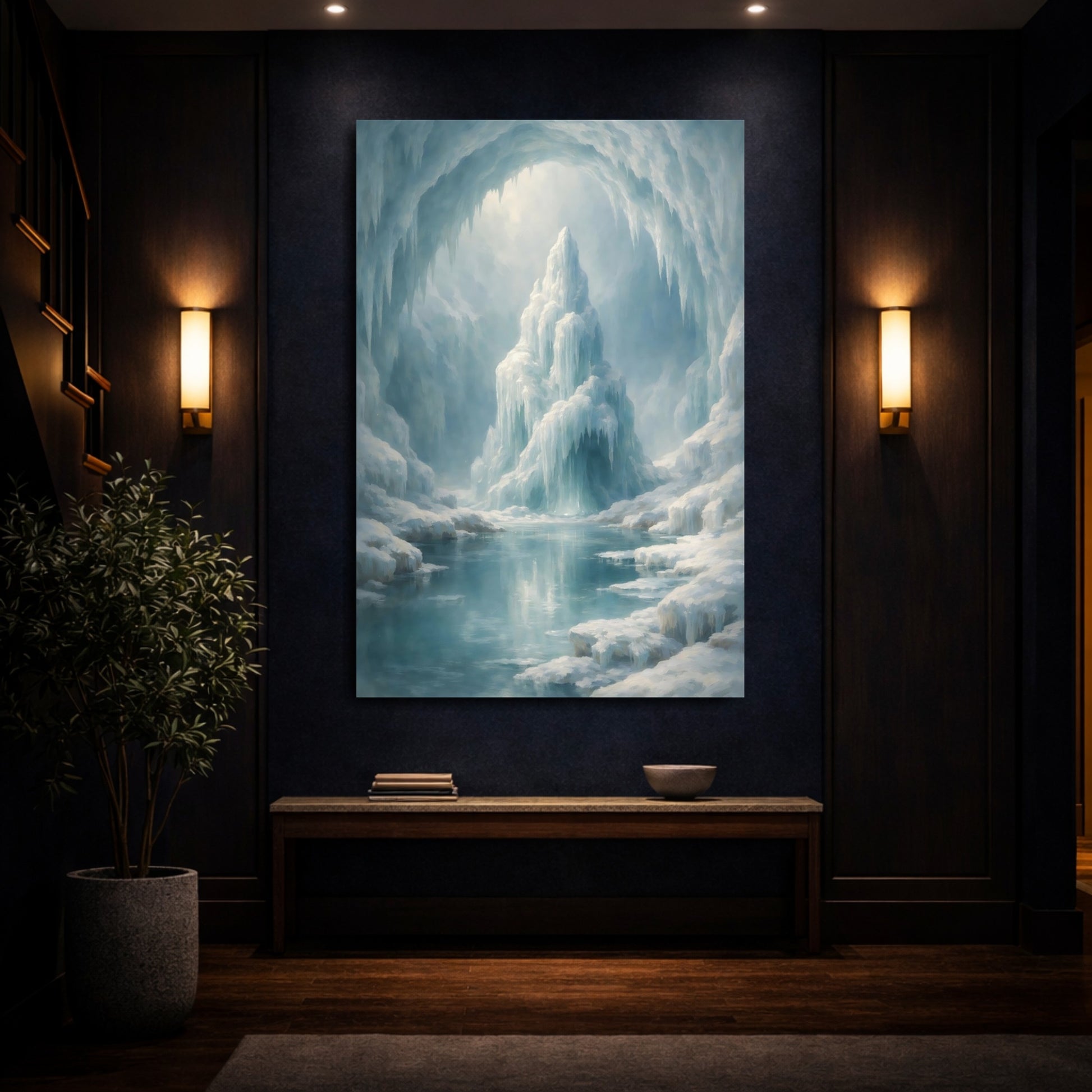 Mockup 3. Nature Ice Cave Blue And White shown as stretched canvas wall art
