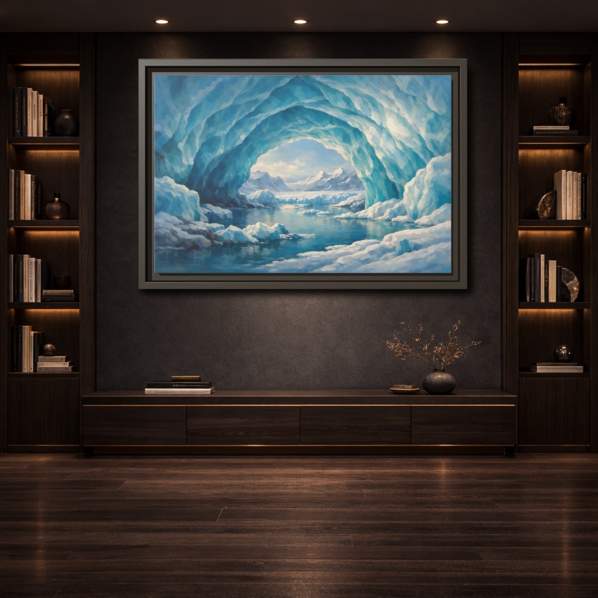 Mockup 3. Nature Ice Cave Blue And White shown as stretched canvas wall art