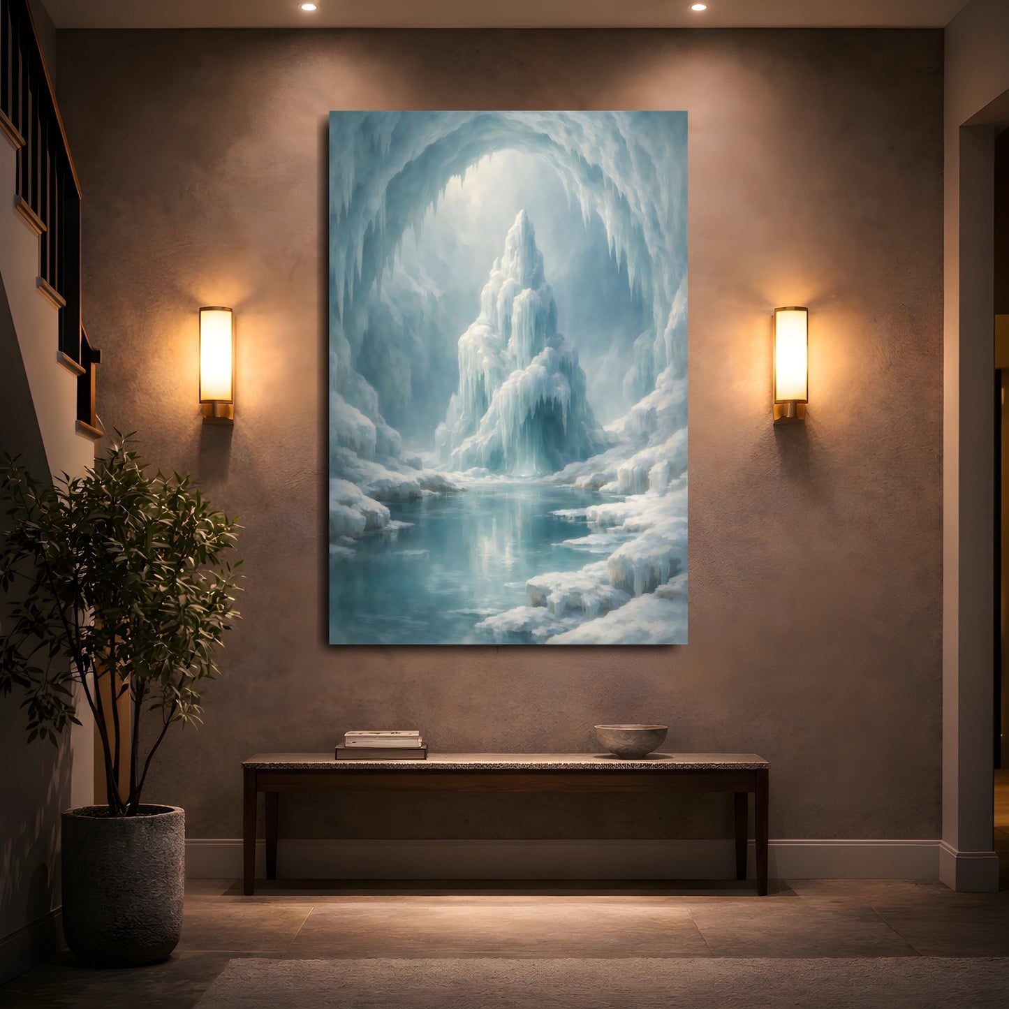 Mockup 4. Nature Ice Cave Blue And White shown as stretched canvas wall art
