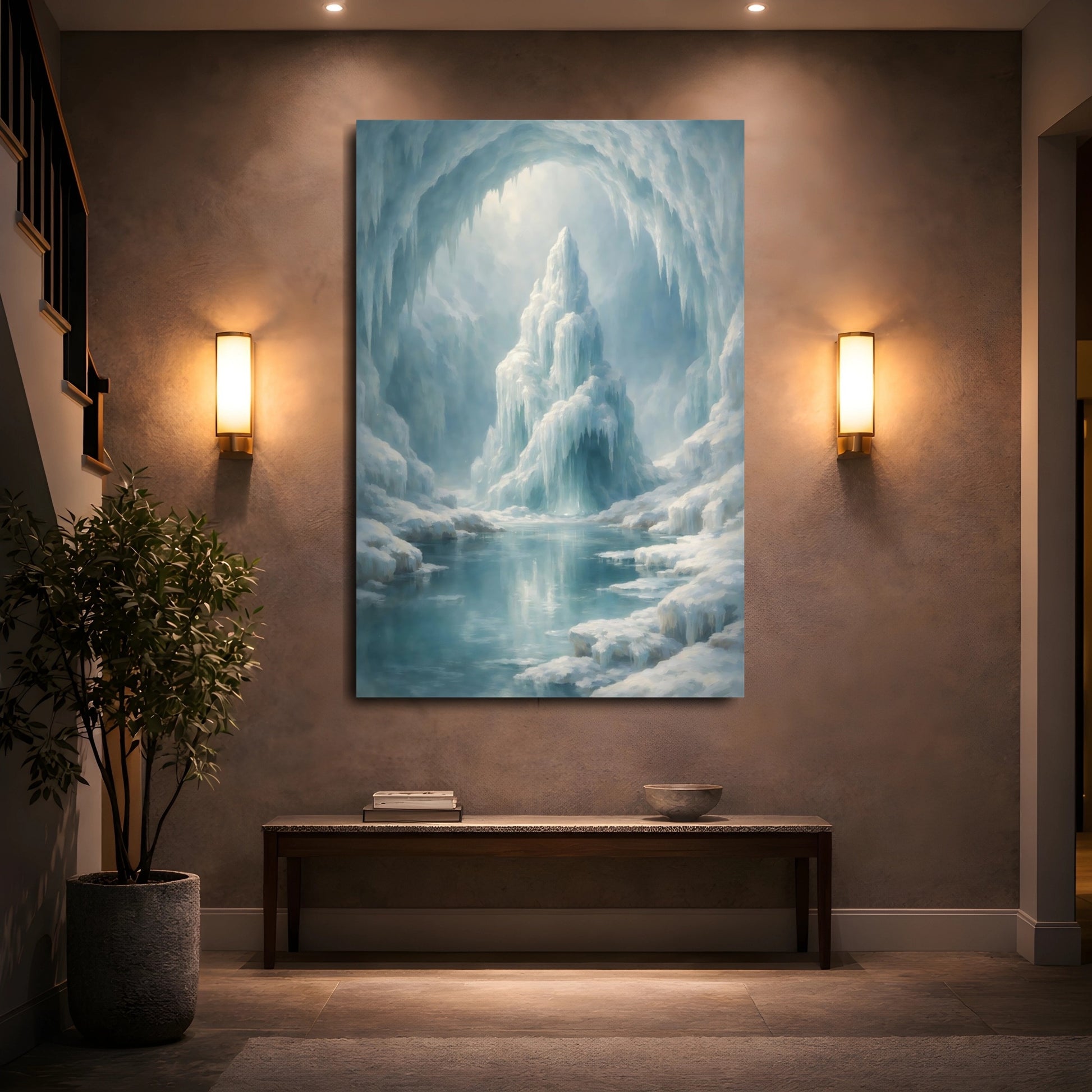 Mockup 4. Nature Ice Cave Blue And White shown as stretched canvas wall art