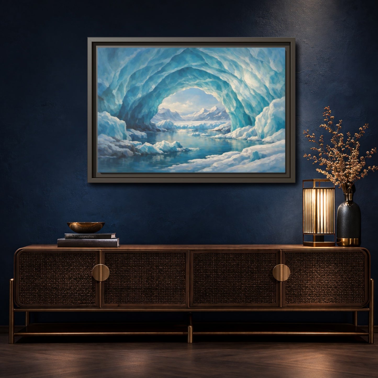 Mockup 4. Nature Ice Cave Blue And White shown as stretched canvas wall art