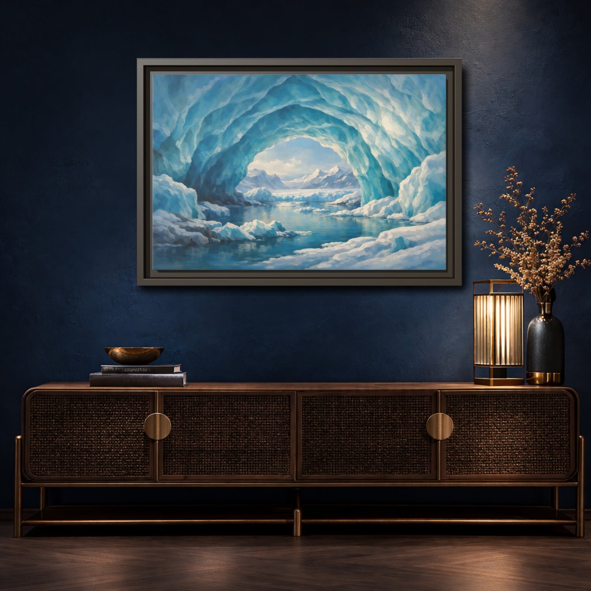 Mockup 4. Nature Ice Cave Blue And White shown as stretched canvas wall art