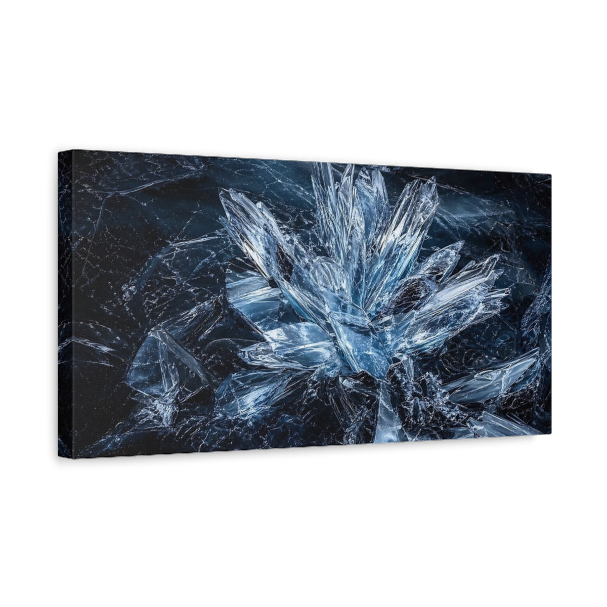 Side Mockup 3. Nature Ice Crystals Blue Ice shown as stretched canvas wall art