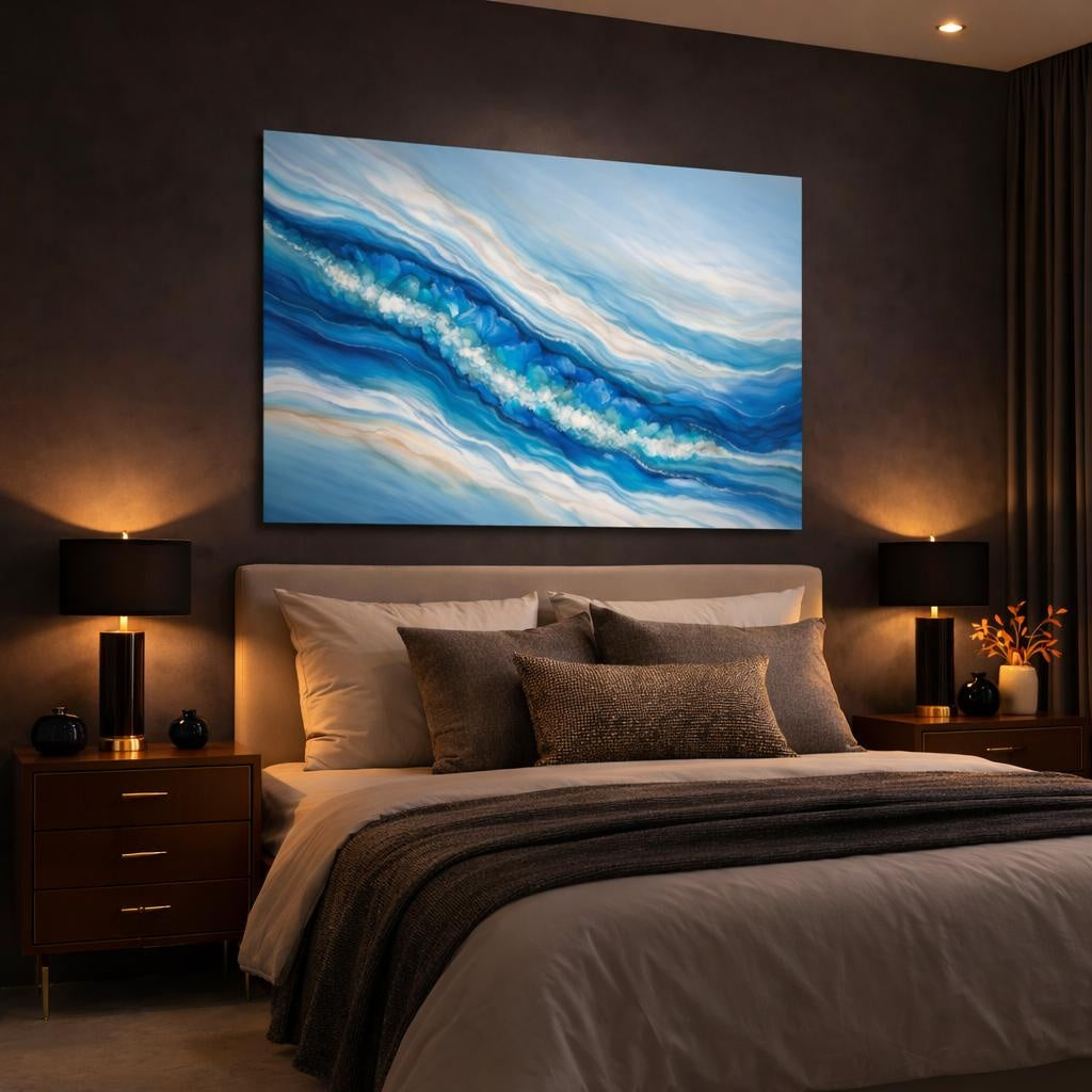 Nature Ice Crystals Blue Ice Crystals shown as canvas wall art in a luxury bedroom
