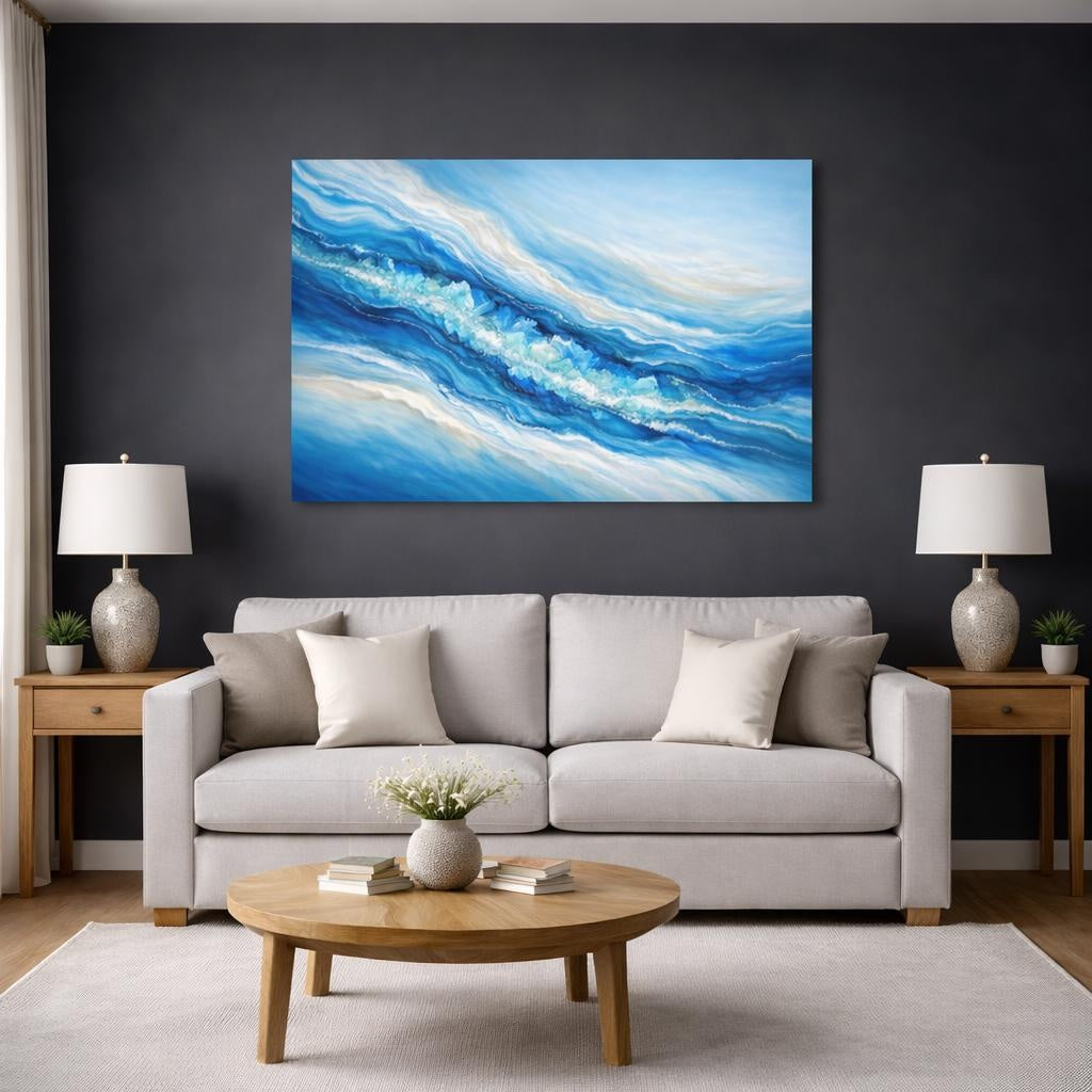 Nature Ice Crystals Blue Ice Crystals shown as canvas wall art in a modern living room